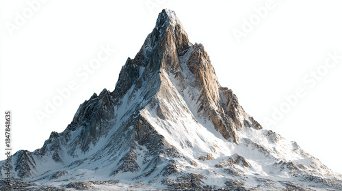 A majestic snow-capped mountain peak dominates the view. The rugged terrain and icy slopes give a sense of grandeur and challenge.