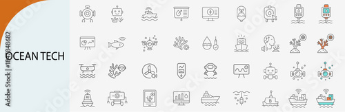 ocean technology and marine science icons, minimal line vector set