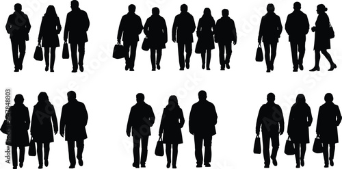 Vector illustration of walking silhouette pairs—symbols for pedestrian motion, social interaction, casual travel, gesture reference, and character movement design