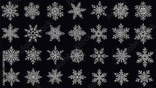 This detailed image displays a vast array of various intricately designed white snowflakes on a black background, perfect for winter and holiday-themed projects.