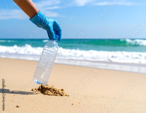 Person in blue gloves picks up a plastic water bottle on a sandy beach near the ocean with waves