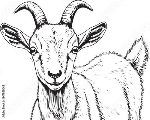 close up detailed realistic drawing of goat head with horns and beard on transparent background