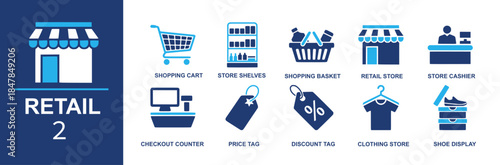 Retail icon set. Containing shopping cart, store shelves, shopping basket, retail store, store cashier, checkout counter, price tag, discount tag, clothing store, shoe display and more. Solid vector i