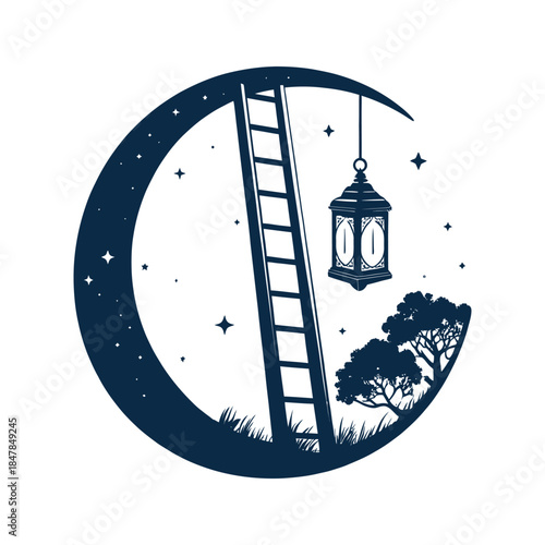 ladder leaning on moon with lantern silhouette logo vector line art logo design