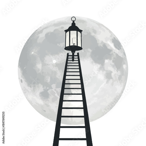 ladder leaning on moon with lantern silhouette logo vector line art logo design