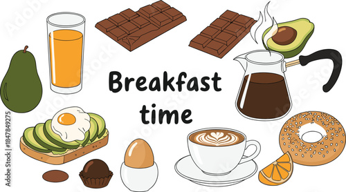 Breakfast time vector illustration set with avocado toast fried egg orange juice coffee bagel and chocolate isolated on white background for morning cafe menu