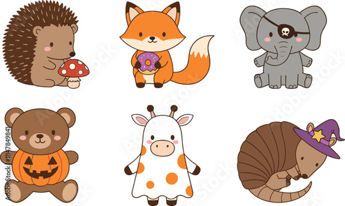Cute animal character set with hedgehog fox elephant pirate bear in pumpkin costume giraffe and armadillo witch for Halloween celebration flat vector illustration