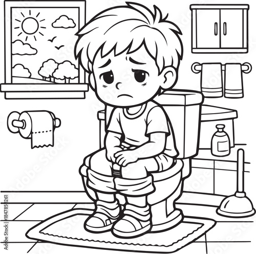 Funny cartoon vector illustration of a happy school child boy playing with a toy train drawing clip-art for children