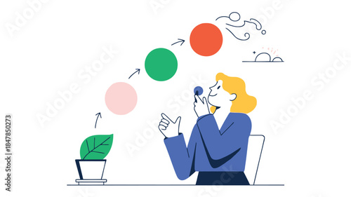 A woman in blue sits at desk with potted plant looking up at colorful floating bubbles