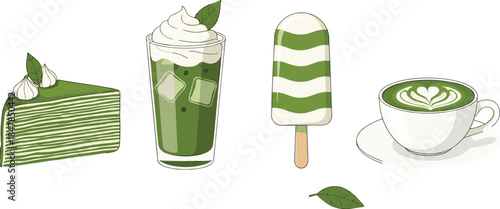 Matcha green tea dessert set with mille crepe cake iced latte with whipped cream popsicle and hot latte art cup isolated on white background flat vector illustration