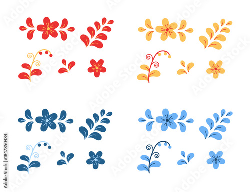 Set of abstract flowers and plants. Cartoon traditional Slavic pattern on white background.