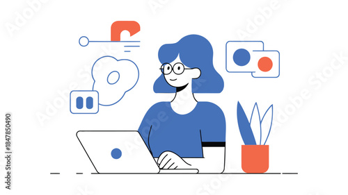 A woman with blue hair and glasses works on a laptop surrounded by design elements and a cup of pens in a modern