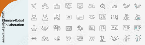 human robot collaboration icon set with teamwork and intelligent interaction, minimal line vector design