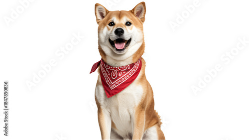 Smiling Shiba Inu dog wearing red bandana on white background