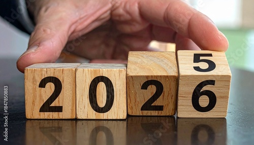 Hand flipping wooden block from 2025 to 2026 on desk