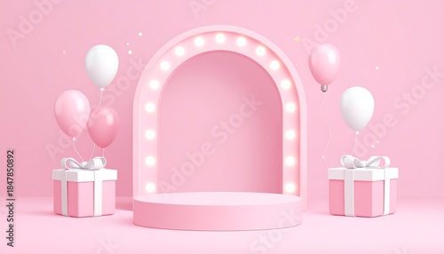 Pink stage with gift boxes, balloons and archway illuminated by lights, ideal for a presentation or celebration