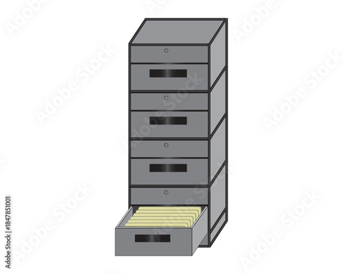 Vector design of a gray chest of drawers with open drawers at the bottom which is usually used to store documents, data or files physically as well as to store archives in office or government buildin