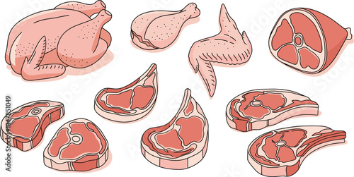 Raw meat set with whole chicken drumstick wing beef steak pork chops and ham isolated on white background flat vector illustration for butcher shop and grocery store