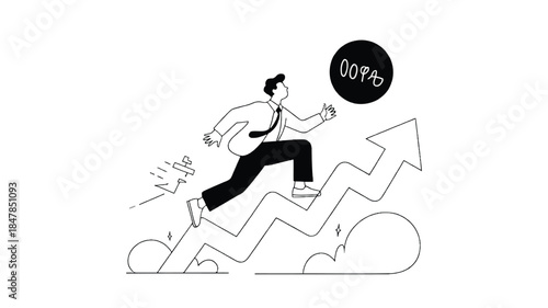 A businessman in a suit runs up a rising arrow graph with an upward trend, symbolizing growth and success in business
