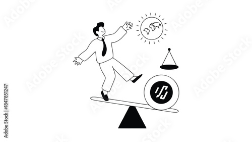 Businessman balancing on seesaw with globe and money, symbolizing financial stability and risk