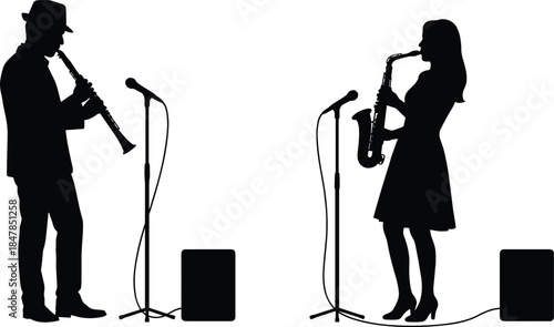 Musician duo silhouette playing clarinet and saxophone, concert, jazz band, live music performance, entertainment, stage, instrumental, sound.