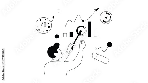 Minimal black and white vector illustration of a person analyzing business charts and graphs with a magnifying glass