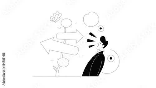 A frustrated businessman in a suit looks at multiple arrows pointing in different directions with thought bubbles