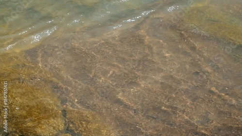 Sparkling water ripples at the bottom of the river. Sunlight penetrating the river bed. Ecology and environmental concepts. Realtime footage, 4K