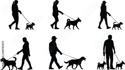 People walking dogs on leash silhouettes set, pet owner, animal care, recreation, outdoor, companion, walking, health, vector illustration, exercise.