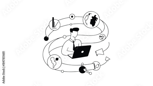 Businessman working on laptop with global network connections and icons around him