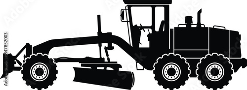 Road grader silhouette heavy construction equipment, machinery, earth moving, leveling, engineering, industrial vehicle, highway, vector.