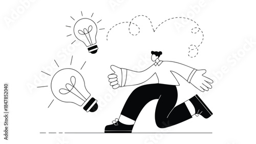 A businessman runs with two lightbulbs ideas and inspiration in a dynamic and motivational black and white flat vector