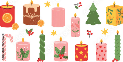 Festive Christmas candle set with colorful decorative pillars featuring stars floral patterns and orange slices isolated on white background flat vector illustration for holiday decor