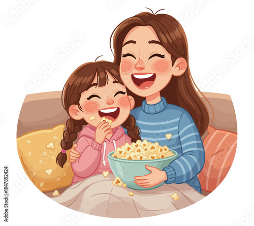 Mother and daughter laughing over popcorn during movie night illustration. Happy mom and little girl bonding while watching movie. Cheerful family moment, cozy home movie night, family quality time