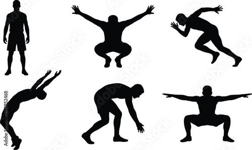 Set of male athlete and runner silhouettes, sprinter, running, squat, stretching, fitness, sport, exercise, workout, active, vector.