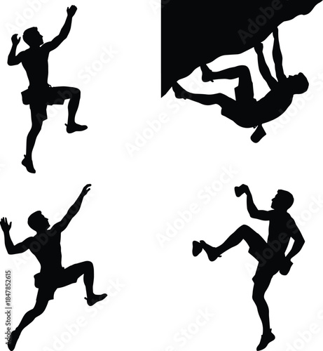 Set of male climber and mountaineer silhouettes, rock climbing, bouldering, extreme sport, adventure, strength, fitness, cliff, vector.