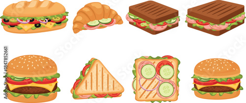 Delicious sandwich and burger set with baguette croissant club sandwich panini and cheeseburgers with fresh vegetables isolated on white background flat vector illustration for cafe menu