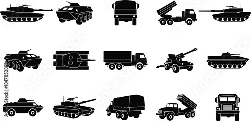 Set of military land vehicle silhouettes, armored tank, truck, artillery, combat, army, defense, weapon, machine, modern, vector.