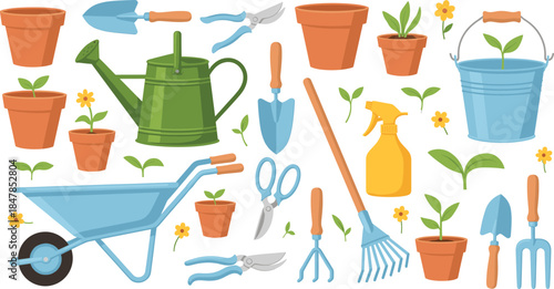 Gardening tool collection with blue wheelbarrow green watering can clay pots rake shovel and pruning shears isolated on white background flat vector illustration