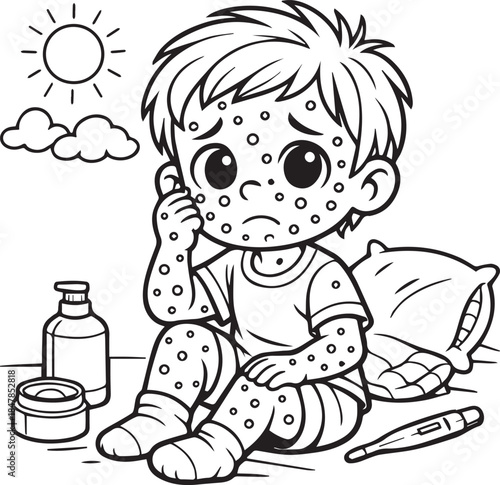 Cute cartoon illustration of a happy little baby boy smiling and playing with a funny toy animal vector character for a children coloring book