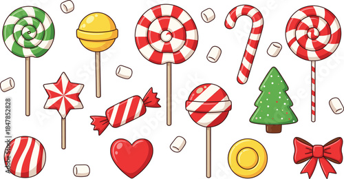 Christmas candy and lollipop set with red and green peppermint swirls candy canes heart star and tree shapes isolated on white background flat vector illustration