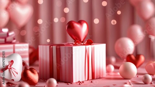 Stylish array of gift boxes and hearts on a celebratory tableau. Ideal for Valentine's Day or anniversaries.