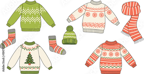 Set of cozy winter apparel including knitted sweaters with festive patterns scarf pompom hat and socks isolated on white background flat vector illustration