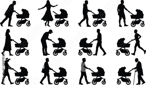 Set of people silhouettes pushing baby stroller, parents, family, walking, mother, father, child, carriage, pram, vector, activity.