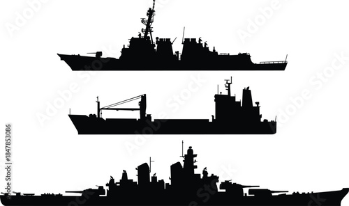 Set of naval warship silhouettes, navy cruiser, cargo freighter, battleship, marine, defense, military, ocean, vessel, transport, vector.