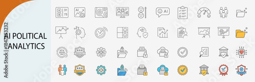 ai political analytics icon set with data tracking and public opinion, minimal line vector design