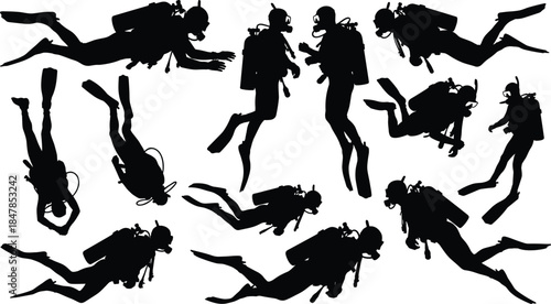 Set of scuba diver silhouettes, diving, snorkeling, underwater, sport, ocean, exploration, adventure, deep sea, equipment, vector.