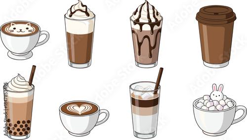 Specialty coffee drink set with latte art cat cup iced frappe with whipped cream bubble tea and hot cocoa with marshmallows isolated on white background flat vector illustration
