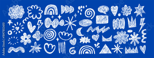 Abstract crayon doodle grunge bold shapes, scribble set. Modern childish hand drawn naive emphasis elements. Vector isolated notebook illustration. Geometric pattern