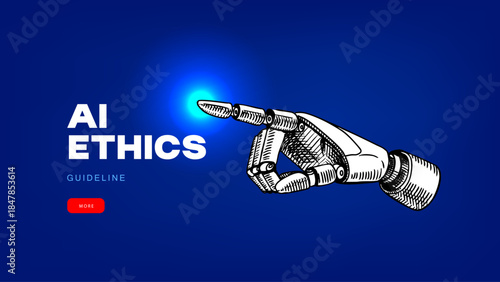 Poster with sketch robot hand. AI ethics, legal service, cybersecurity, tech conference, research, artificial intelligence startup, IT, media concept. Engraved hand drawn vector illustration.